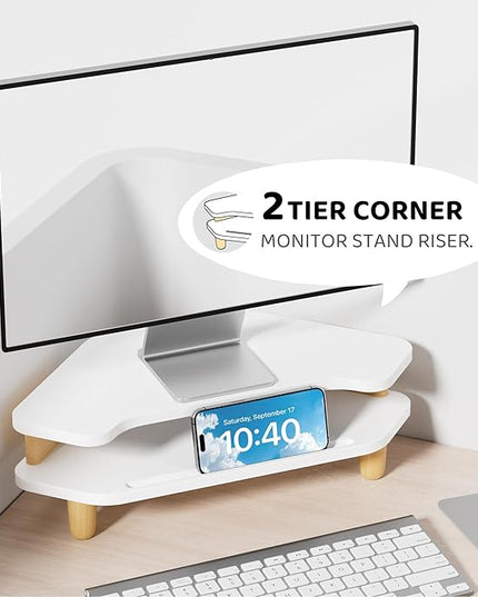 Monitor Stand Riser,2 Tier Corner Wood Monitor Stand Sturdy Computer Stand Multi-Purpose Desktop Storage Stand for Laptop,PC,iMac,Printer,Computer,White
