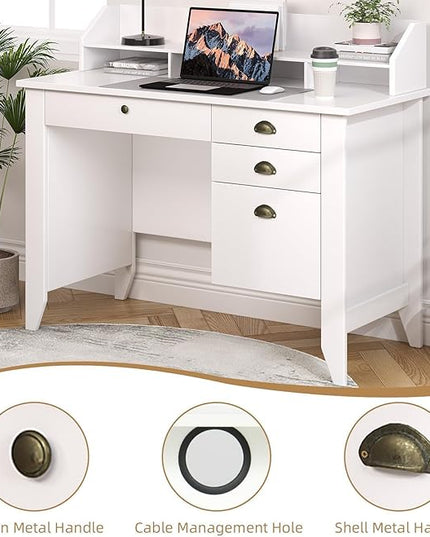 4 EVER WINNER White Desk with Drawers, Small Desk with File Drawer for Small Spaces, Writing Desk with Monitor Stand Wood Table for Home Office, White