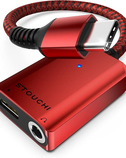 Stouchi USB C to 3.5mm Headphone and Charger Adapter, 2 in 1 USB-C to Aux Audio Jack with 30W Safe Fast Charging Hi-res DAC Compatible with iPhone 17 16 15, Galaxy S25/S24/S23/S22/S21, Pixel 6/5 (Red)
