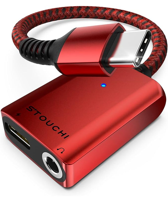 Stouchi USB C to 3.5mm Headphone and Charger Adapter, 2 in 1 USB-C to Aux Audio Jack with 30W Safe Fast Charging Hi-res DAC Compatible with iPhone 17 16 15, Galaxy S25/S24/S23/S22/S21, Pixel 6/5 (Red)