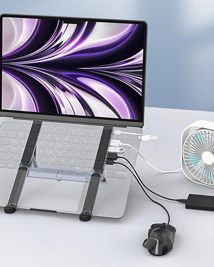 YUATAUY Ultra Compact Laptop Stand with 4-Port USB Hub for Desk, Tablet, Foldable Portable for Travel, Library, Home, Office, Cafe, 6-Level Ergonomic Adjustable Aluminum Holder for 10-16" Laptops