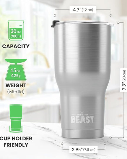 Beast 30 oz Tumbler Stainless Steel Vacuum Insulated Coffee Ice Cup Double Wall Travel Flask (Stainless Steel)