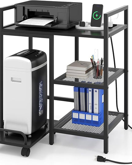Giantex 3-Tier Printer Stand with Charging Station, 2 Open Storage Shelves, Side PC Stand on Wheels, 25" x 16" Mobile Printer Table for Computer Tower, Printer Shredder, Fax, Under Desk, Home Office
