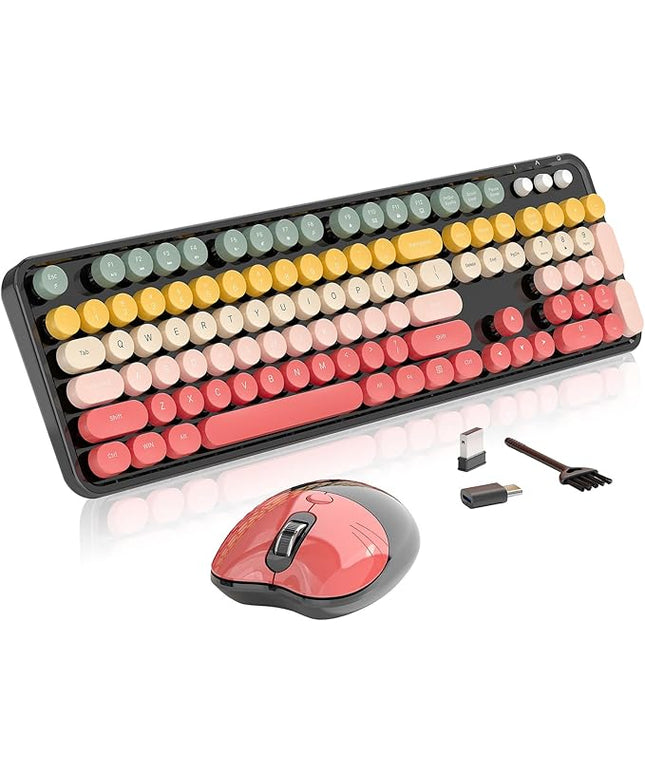 Wireless Keyboard and Mouse, MOFII 104 Round Keycaps Retro Typewriter with OTG & Brush, Full-Size Ergonomic, Ideal for Windows PC, Home, Office and College Rainbow Red