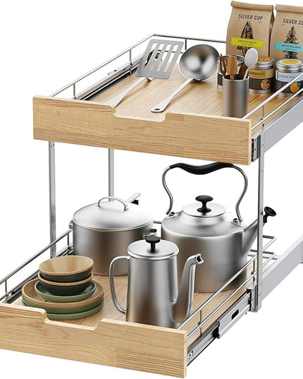 Sikarou Pull Out Cabinet Organizer,Heavy-Duty Slide Out Shelf, Wood and Wire Basket, Pull Out Drawer for for Kitchen Under Sink Space, Pantry, Bathroom, 2 Tie 14 * 21 in