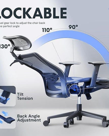 FLEXISPOT OC3 Air Ergonomic Office Chair Mesh Back Swivel Computer Chair Executive Office Desk Chairs with Adjustable Lumbar Support/2D Headrest/Lockable Backrest, Mesh Seat Cushion, Gray