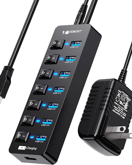 Powered USB Hub 3.0,VEMONT 7 Ports Multi USB hubs and 1 USB Smart Charging Port with 5V/3A Power Supply,USB Extension Splitter with Individual On/Off Switches and 4ft/1.2m Long Cable for PC/Laptop