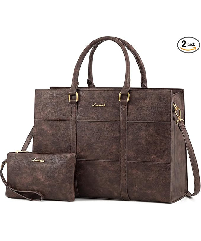 LOVEVOOK Laptop Bag for Women, 15.6 Inch Laptop Tote Bag, Vintage Leather Work Bags for Women, Waterproof Computer bag with Clutch Purse, Large Capacity Briefcase, Business Office Bag