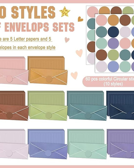 TaoBary 160 Packs Stationery Paper Set (50 Double Sided Stationery Writing Papers 50 Matching Envelopes) 60 Round Dot Sticker, 10 Design(11 x 8.5 Inch,Morandi Color)