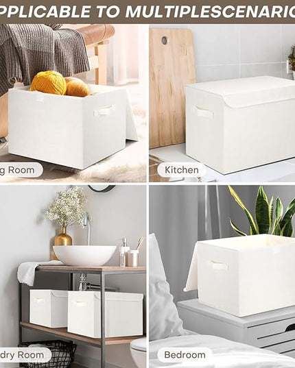 Large 17" 42 Quarts Collapsible Stackable Storage Bins with Lids [3-Pack] Foldable Fabric Linen Storage Boxes Cube, Closet Organizer Baskets with Label (16.7 x 12 x 12, White)