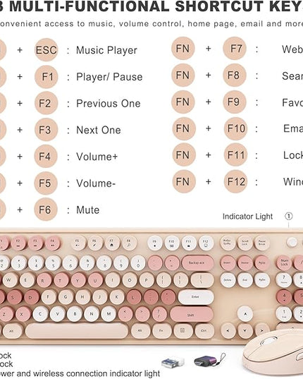 Wireless Keyboard and Mouse Combo, Ergonomic Full Size Typewriter Retro Round Keycaps Keyboard, Compatible with Windows, PC, Perfer for Home and Office Keyboards (Chocolate Color)