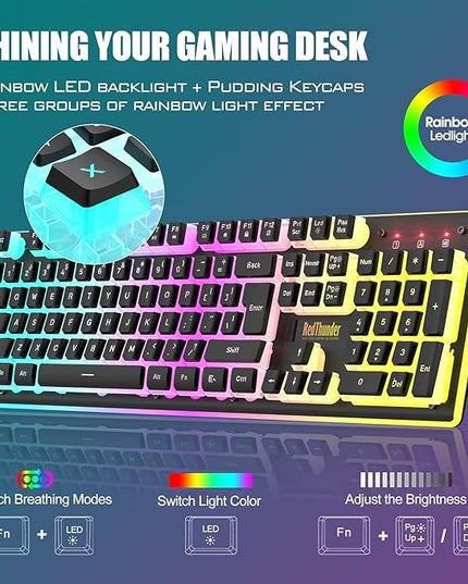 RedThunder K10 Wireless Gaming Keyboard and Mouse Combo, RGB Backlit Rechargeable 3800mAh Battery, Mechanical Feel Anti-ghosting Keyboard with Pudding Keycaps + 7D 3200DPI Mice for PC Gamer (Black)