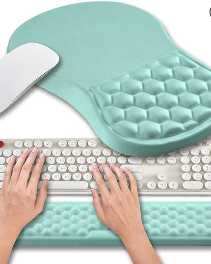 Hokafenle 2 in 1 Ergonomic Mouse Pad Wrist Support & Wrist Rest for Computer Keyboard Set, with Relieve Carpal Tunnel Pain Massage Bulge and Full Memory Gel Design (2In1 Set, Light Blue)