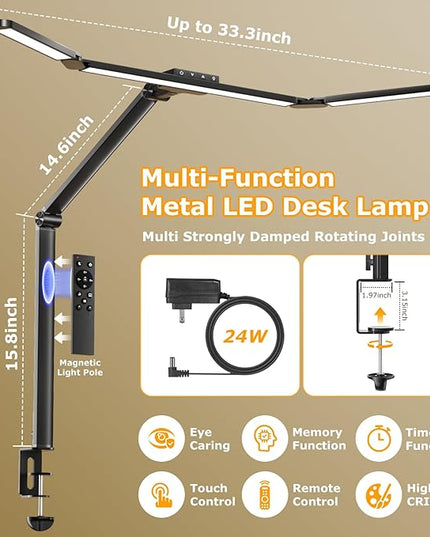 LED Desk Lamp with Clamp, Architect Desk Lamp for Home Office with Remote, 24W Ultra-Bright Desk Light with Stepless Dimming and Stepless Color Temp, Memory Function for Study and Workbench