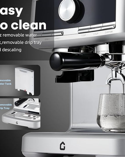 20 Bar Espresso Machine with Built-in Grinder, Stainless Steel Coffee Maker with Milk Frother Steam Wand, 1.5L Removable Water Tank, Adjustable Shot Volume for Home & Office