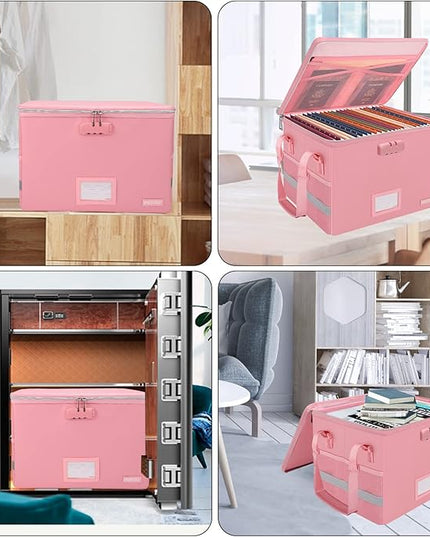 ENGPOW File Box with Lock, Fireproof Document Box with Pockets, Collapsible File Organizer Filing Storage Cabinet with Handle, Portable Home Office Safe for Hanging Letter/Legal Folders, Pink, 2 Pack