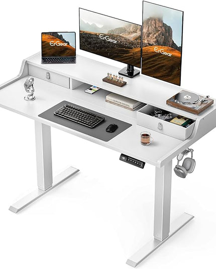 ErGear Electric Standing Desk with Drawers, 48″ x 24″ Gaming Table Compatible Monitor Stand, Stand up Desks, Home Office Height-Adjustable Desk with Storage Shelf, 4 Preset Heights, White