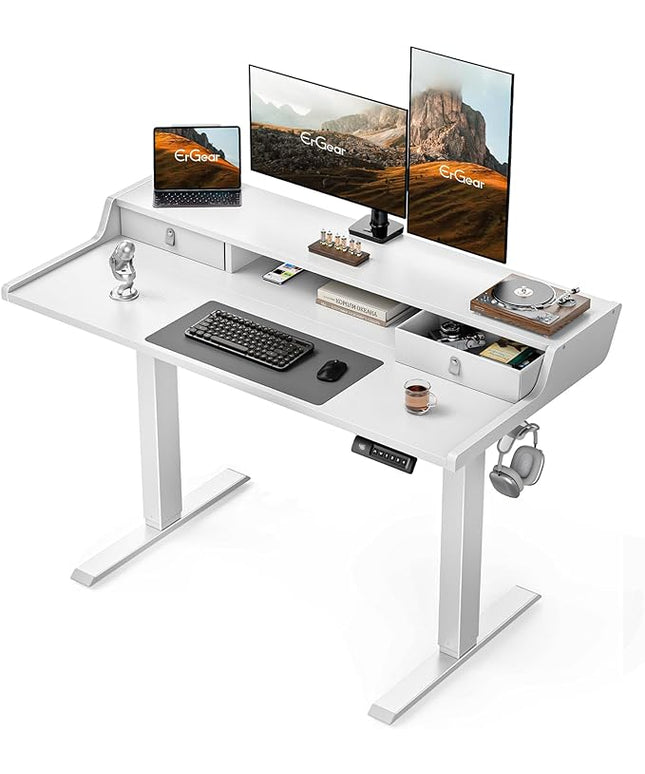 ErGear Electric Standing Desk with Drawers, 48″ x 24″ Gaming Table Compatible Monitor Stand, Stand up Desks, Home Office Height-Adjustable Desk with Storage Shelf, 4 Preset Heights, White