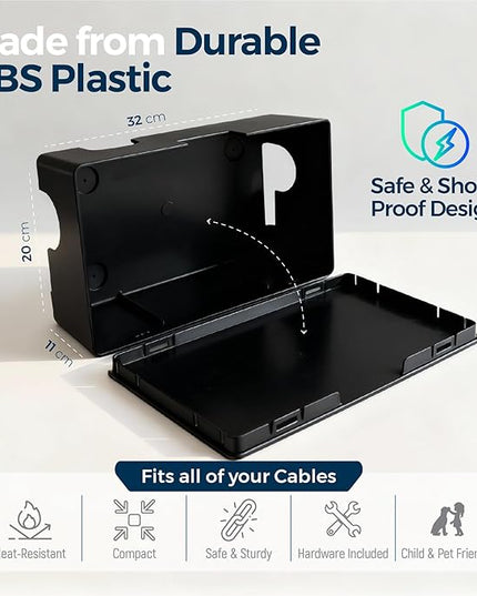 Kos Design Cable Management Box with Included Mounting Hardware – ABS Cord Organizer (12,7 x 7,8 x 4,5 in) | Heat-Tolerant Power Strip & Cable Storage | Wall-Mountable or Floor Use