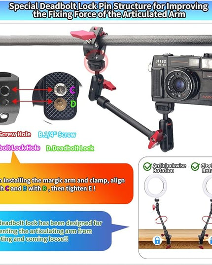 13"/34cm Magic Arm w Clamp, Camera Mount & Clamp w 1/4" 3/8" Threads and Articulating Friction Magic Arm, Overhead Phone Mount, Camera Boom Arm Mount for Light Webcam Mic Action Camera Monitor