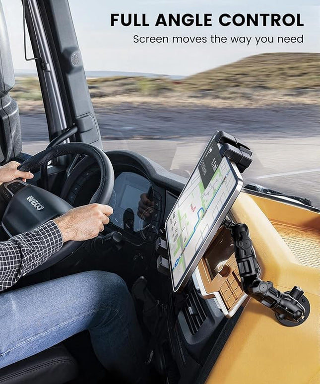 OHLPRO Heavy Duty Drill Base Tablet Holder for Car Dashboard, 360° Rotating Adjustable Arm, iPad Mount for Truck Fits 5–17 Inch Tablets, Secure Rubber-Padded Clamp for Commercial Vehicles & Wall