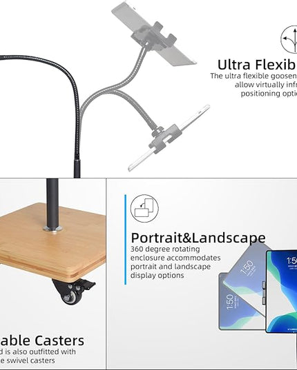 wishacc Tablet Floor Stand for Bed - Gooseneck Tablet Holder Mount with Adjustable Height and 4 Wheels, Compatible with iPad mini Air Pro 12.9/9.7, Galaxy Tab, Kindle, Cell Phones (4.7"-13")