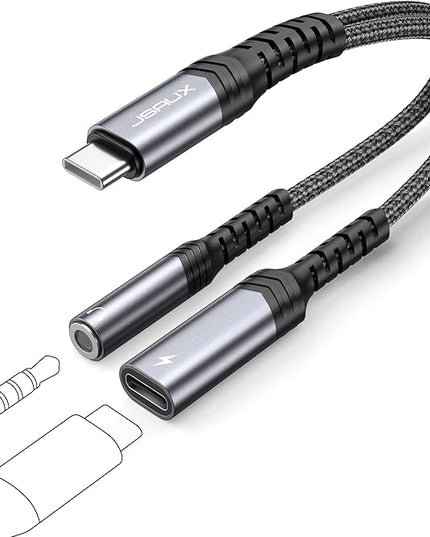 JSAUX USB C to 3.5mm Headphone and Charger Adapter, 2-in-1 Type C to Aux Audio Jack with PD 60W Fast Charging Dongle Cable Compatible with iPhone 16 Pro Max/15 Pro Max, Galaxy S24/S23 Ultra, Pixel 7