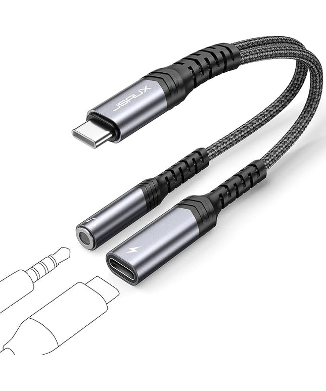 JSAUX USB C to 3.5mm Headphone and Charger Adapter, 2-in-1 Type C to Aux Audio Jack with PD 60W Fast Charging Dongle Cable Compatible with iPhone 16 Pro Max/15 Pro Max, Galaxy S24/S23 Ultra, Pixel 7