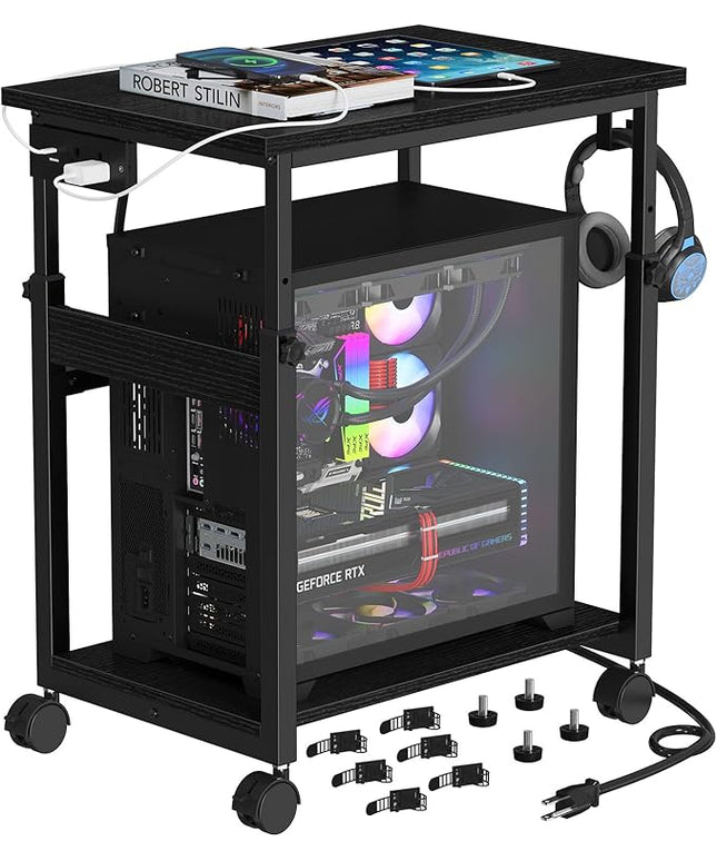Snughome Extra-Large Computer Tower Stand with Charging Station, Adjustable PC Tower Stand for Floor 25.2"-36.22", PC Stand with Locking Wheels Mobile Rolling CPU Holder Cart for Gaming Office Home