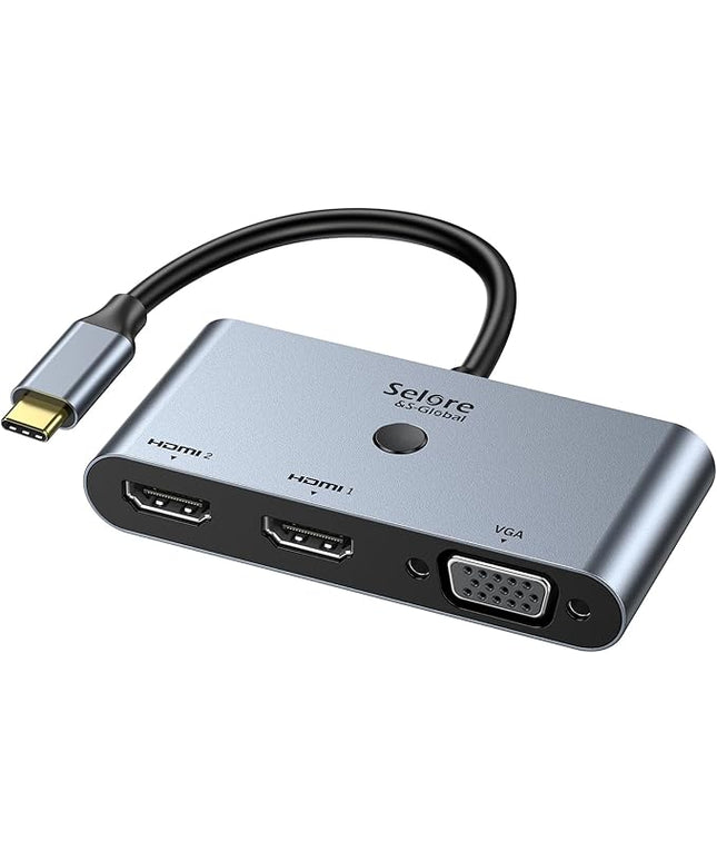 Selore USB C Docking Station 3 Monitors, USB C to Dual HDMI VGA Adapter with One-Touch Multi-Screen Switch and Screen On/Off Button, HDMI Splitter Converter for Dell, HP, Lenovo,MacBook Pro/Air, etc