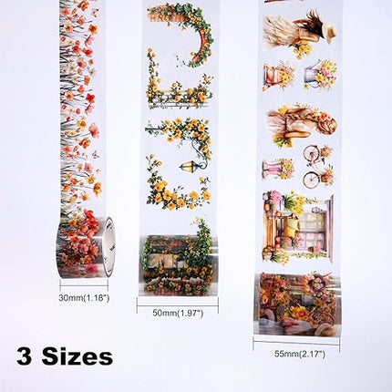 AuriicLeaf Floral Sea PET Tape Set, 3 Rolls Pre-Cut Botanical Stickers for Scrapbooking, Journaling, DIY Crafts, and Collage Art (30 mm/50 mm/55 mm)