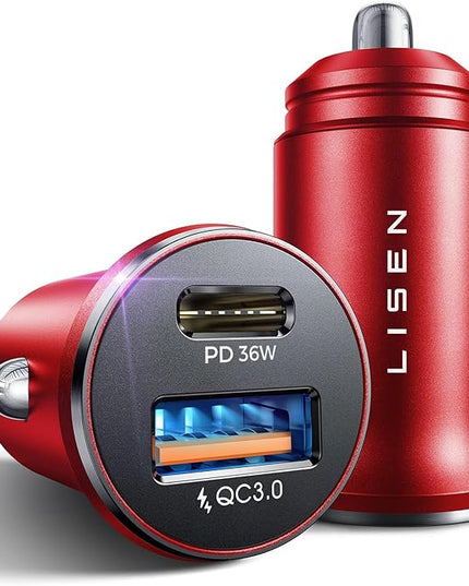 LISEN 2-Pack USB C Car Charger Adapter Fast Charge, 48W All Metal Cigarette Lighter USB Charger for iPhone 15 Smallest Flush Car Charger USB C for iPhone 14 Pro Max 13 12 Galaxy S23/22 iPad Pro-Red