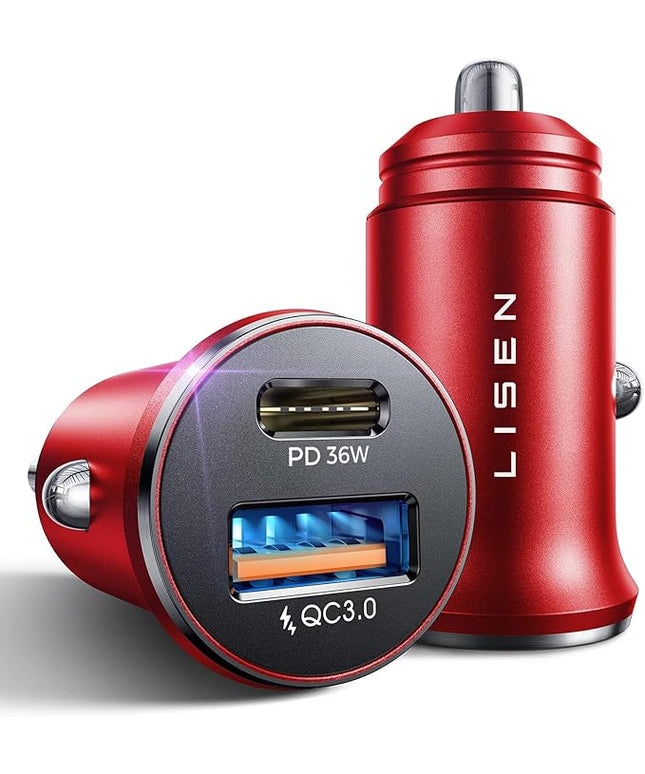 LISEN 2-Pack USB C Car Charger Adapter Fast Charge, 48W All Metal Cigarette Lighter USB Charger for iPhone 15 Smallest Flush Car Charger USB C for iPhone 14 Pro Max 13 12 Galaxy S23/22 iPad Pro-Red