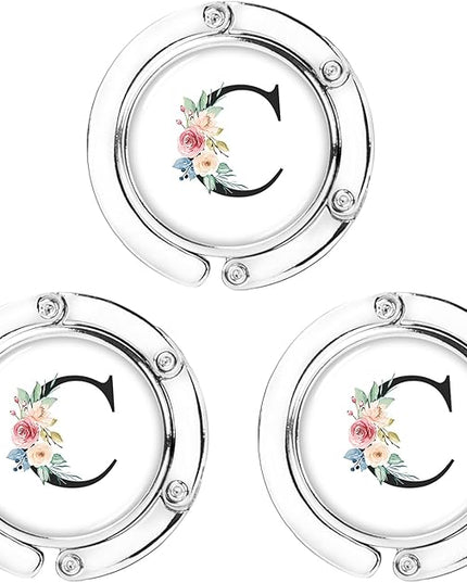 Iqimott 3pcs Personalized Initial Foldable Purse Hook for Table, Flower Letter Folding Handbag Hanger Portable Magnet Table Hook Holder, Collection Desk Purse Hooks for Women Bag (Black-C)