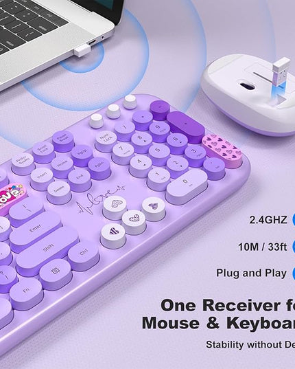 MOFII Wireless Keyboard and Mouse Combo, Full Size 2.4G Plug and Play Typewriter Retro Round Computer Keyboard and Mouse Set for Windows, Computer, Desktop, PC, Notebook - (Purple Colorful)