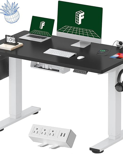 FLEXISPOT EN2 Whole-Piece Standing Desk with Clamp Power Strip, 48 x 24 Electric Stand Up Height Adjustable Desk with Cable Management (White Frame + 48" Black Top, 2 Packages)