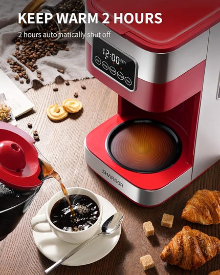 SHARDOR 10-Cup Programmable Coffee Maker, Regular & Strong Brew Drip Coffee Machine for Home and Office, Auto Shut Off, Permanent Filter (red)