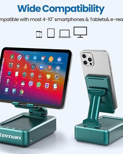 JTEMAN Cell Phone Stand with Wireless Bluetooth Speakers,Angle Adjustable Strong Pedestal Phone Stand for Desk,HD Sound and Bass Bluetooth Speaker Compatible with All Mobile Phones(Green)