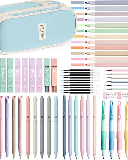 65PCS Aesthetic School Supplies with Cute Pencil Case, Pastel Highlighters Gel Pens Mechanical Pencils Set 0.5 0.7 & 2.0mm, Office Back to School Supplies College Essentials Kit Student Stationary Set