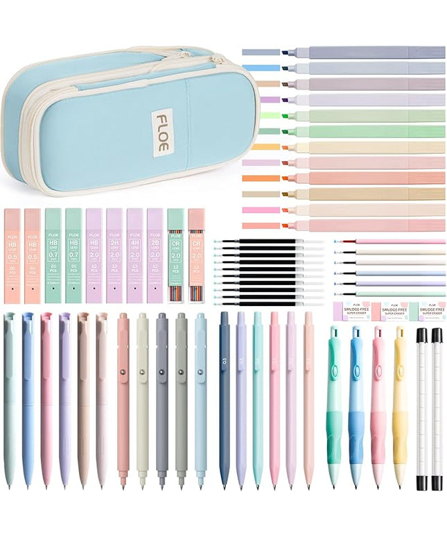 65PCS Aesthetic School Supplies with Cute Pencil Case, Pastel Highlighters Gel Pens Mechanical Pencils Set 0.5 0.7 & 2.0mm, Office Back to School Supplies College Essentials Kit Student Stationary Set
