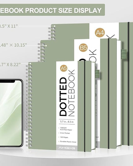 AHGXG Bullet Dotted Journal - Dot Grid Spiral Notebook B5, 140 Pages, 100 GSM Thick Paper, Waterproof Plastic Cover Journals for Bullet Journaling, Sketching, 7.6" x 10", Sage Green
