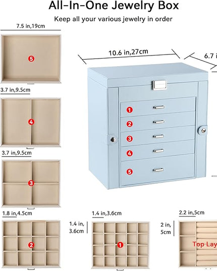 Frebeauty Large Jewelry Box,6-Tier PU Leather Jewelry Organizer,Multi-functional Storage Case with Mirror,Accessories Holder with 5 Drawers for Necklace Bracelets Watches(Sky Blue)