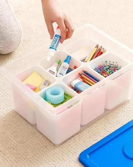 loobuu Plastic Storage Bins with Lids, Art Craft Supply Organizer Box with Brush Pot, Multipurpose Stackable Storage Containers for Organizing Tool, Craft, Crayon,Sewing (Blue)