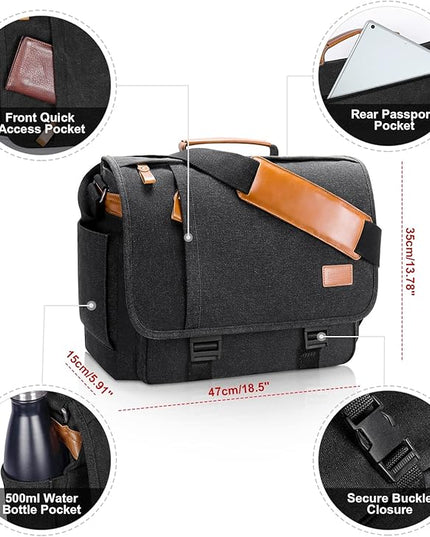 ESTARER Messenger Bag 17-17.3 Inch, Men's Computer Satchel Water-resistant Canvas, Teacher Laptop Briefcase for Work Office College, Dark Grey