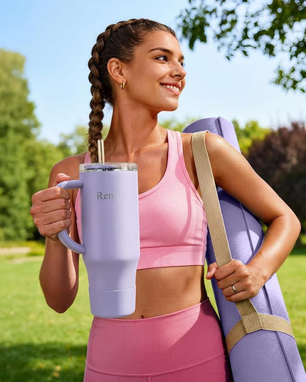 Renoj Tumbler with Handle 100% Spill Resistant Insulated Water Bottle for Iced Coffee & Hot Drinks - Fits Car Cup Holder, Ideal Gift, 2 Straws & Silicone Boot BPA-Free - FlexSlide Blue 32 oz