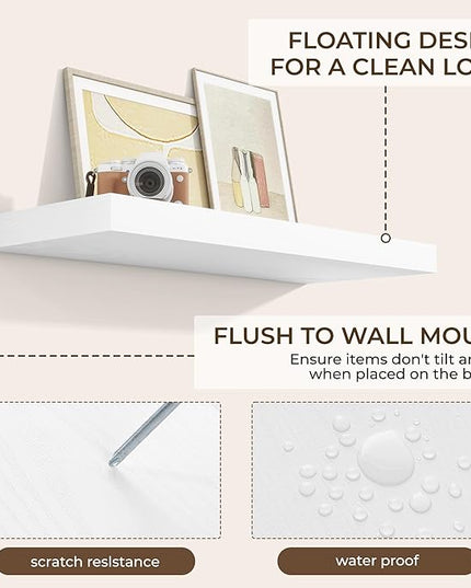 RICHFOCUS 36Inch Floating Shelves for Wall 2 Pack Shelves for Bedroom|Kitchen|Bathroom Wall Mounted Rustic Wood Floating Shelf with Invisible Brackets for Books|Storage|Decor, White