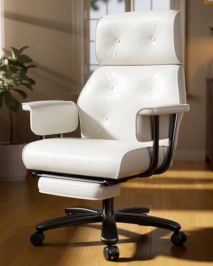 Criss Cross Chair with Wheels and Arms, Reclining Office Chair with Footrest and Wide Seat, Leather Big and Tall Desk Chair 400LBS, Button Tufted Vintage Design, White