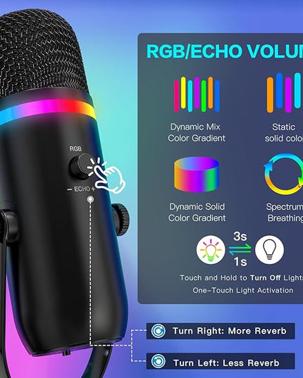 ZealSound Podcast Microphone for PC/Mac/iPhone – USB Studio Mic with Noise Cancellation, RGB Lighting, Mute, Gain, Monitoring & Echo, Boom Arm & Pop Filter, Streaming, Recording, TikTok, YouTube