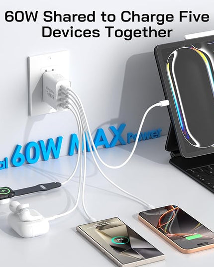 2Pack USB C Fast Charger Block, 60W 5-Port USB C Wall Charger 30W Type C Charging Block, 2USB C+3USB A PPS/PD 3.0 Multiport Charging Cube for iPhone 17 16 15 14 Pro Max,for Galaxy S25 S24 Ultra, i Pad