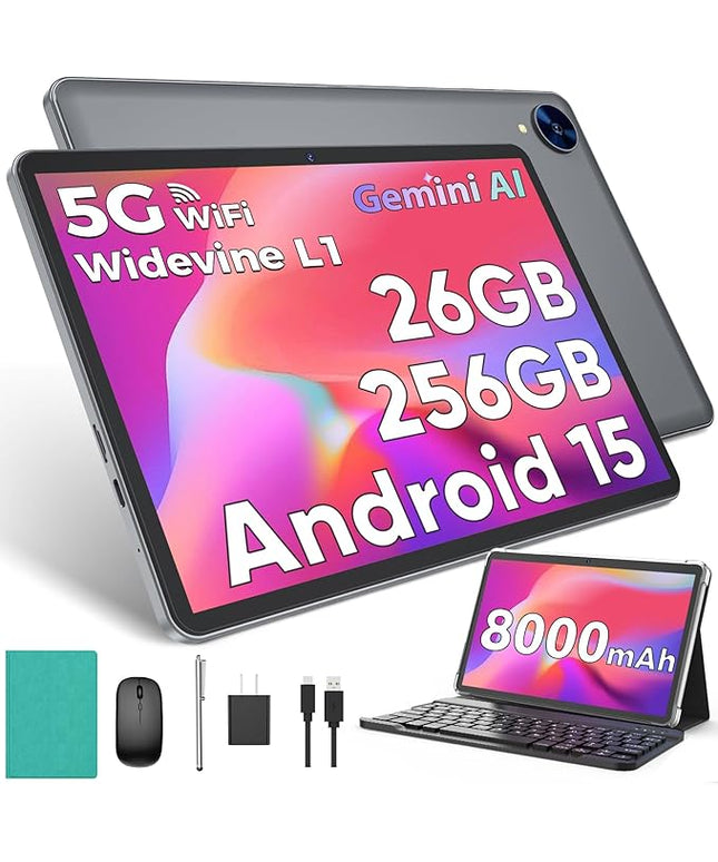 2026 Android 15 Tablet with Keyboard, 26GB RAM, 256GB ROM(2TB Expand), 10 inch tablet with Octa-core, Gemini AI, 8000mAh, 2.4G/5G WiFi, BT 5.0, 5MP+13MP, Tablets with Case, Mouse, Stylus (Green Case)
